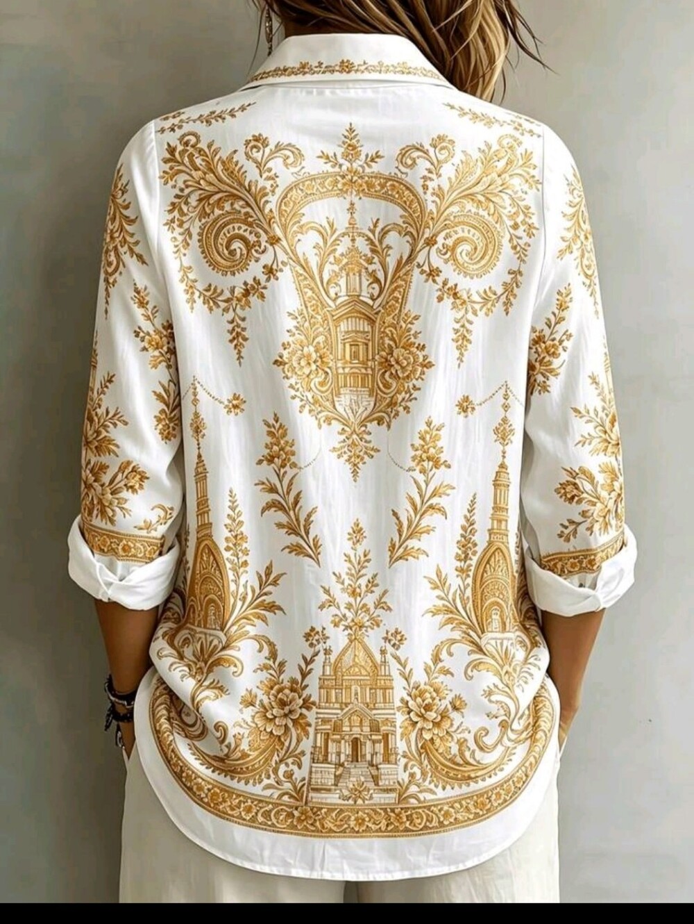 BRAND NEW ** White & Gold Floral Border Button-Up Blouse - Picture 2 of 2